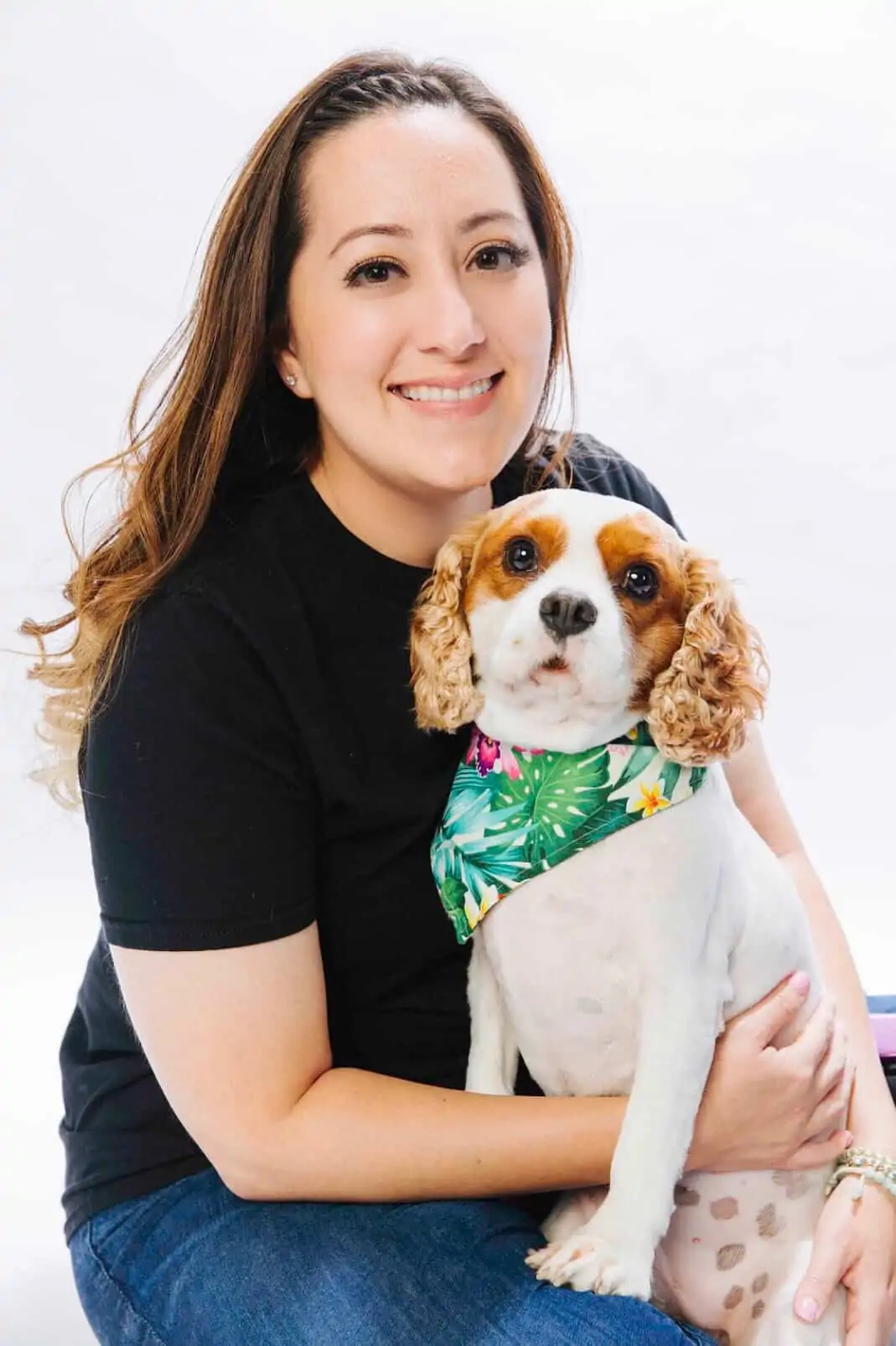 Woman and dog smiling