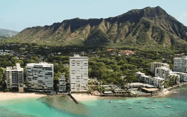 Shot of Hawaii. Pictured: hotels, buildings, volcano and ocean