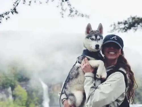 Girl holding husky and smiling