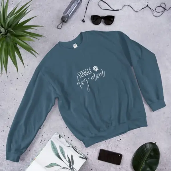 blue "single dog mom" sweater