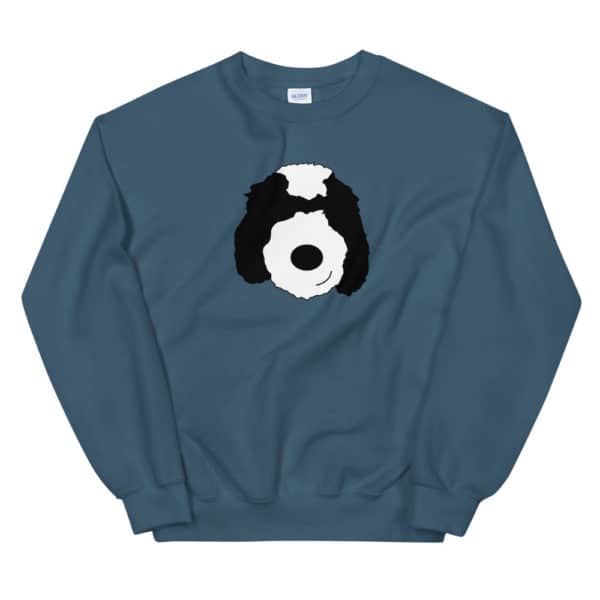 dark teal sweater with cartoon dog face