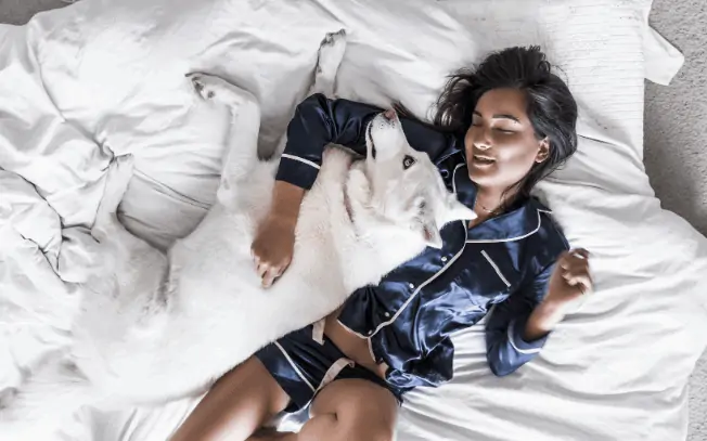 Girl laying in bed with white dog