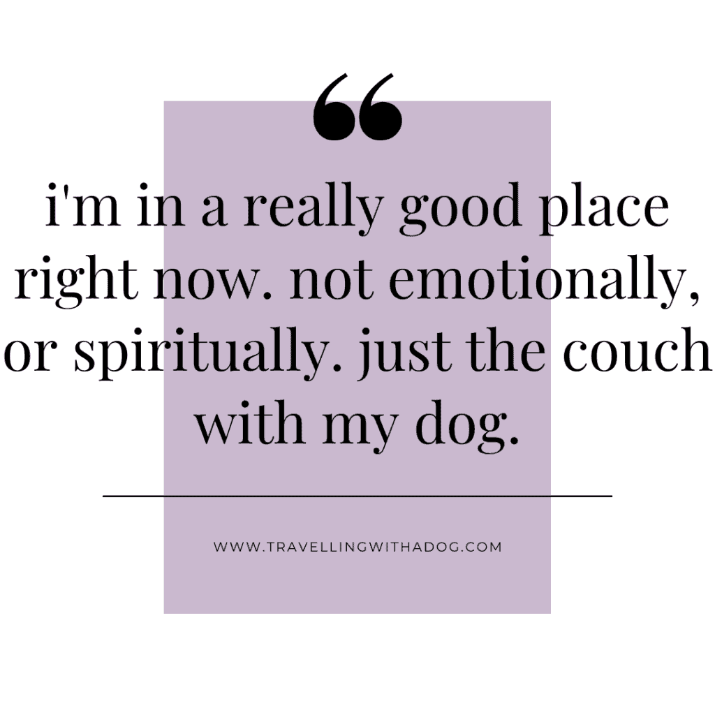 Image with text overlay that says: i'm in a really good place right now. not emotionally, or spiritually. just the couch with my dog.