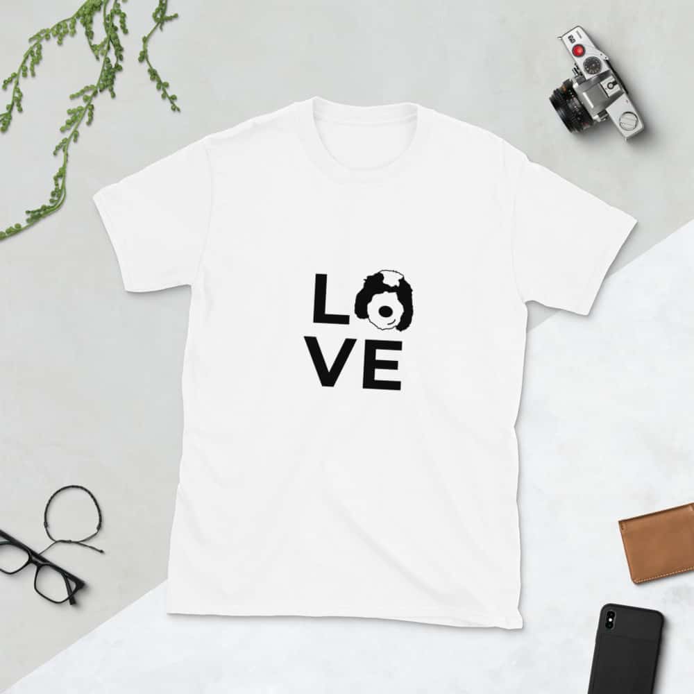 t-shirt with LOVE on front. The "o" is a dog's face