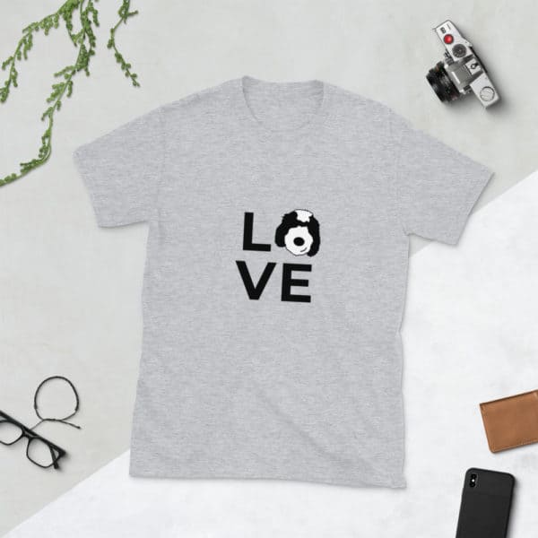 Grey t-shirt with LOVE on front. The "o" is a dog's face