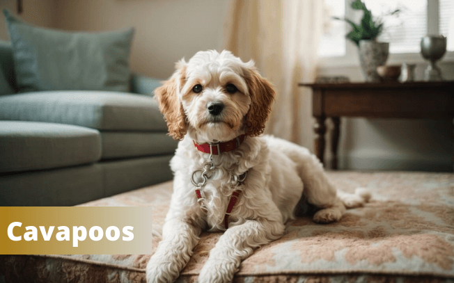 A dog sitting in a living room with text beside it that reads "Cavapoos".